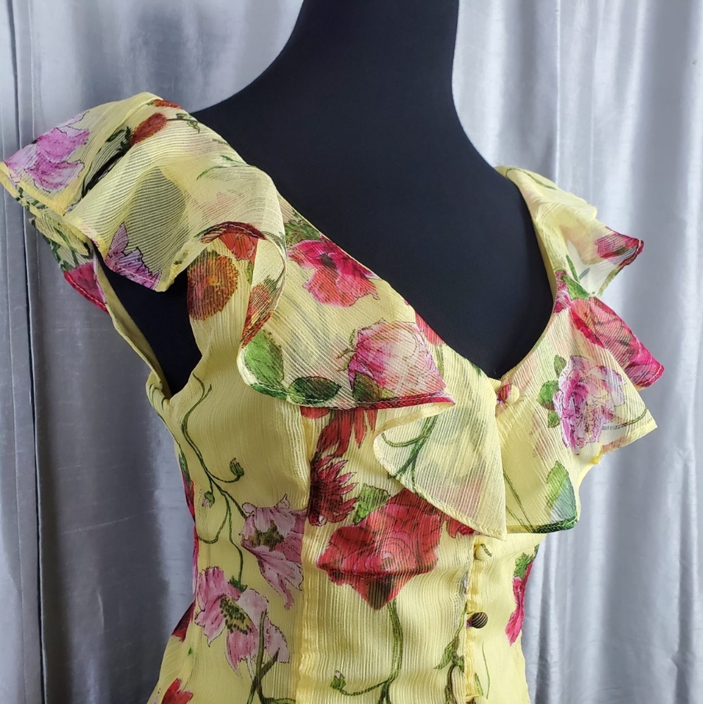 NWT !SALE! BB Dakota Short Sleeve Chiffon Yellow Botany of Desire XS Floral Top